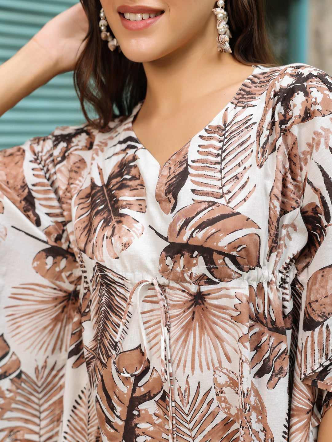 Brown Printed Kaftan Night Suit Set for Women