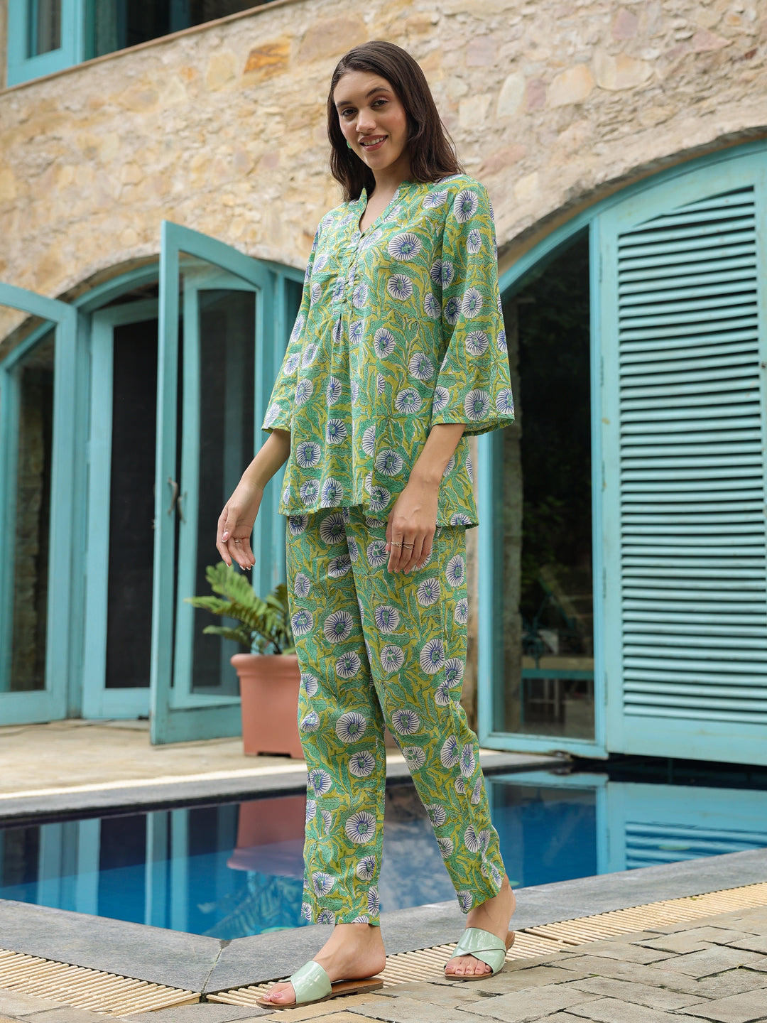 Green Floral Printed Cotton Night Suit Set