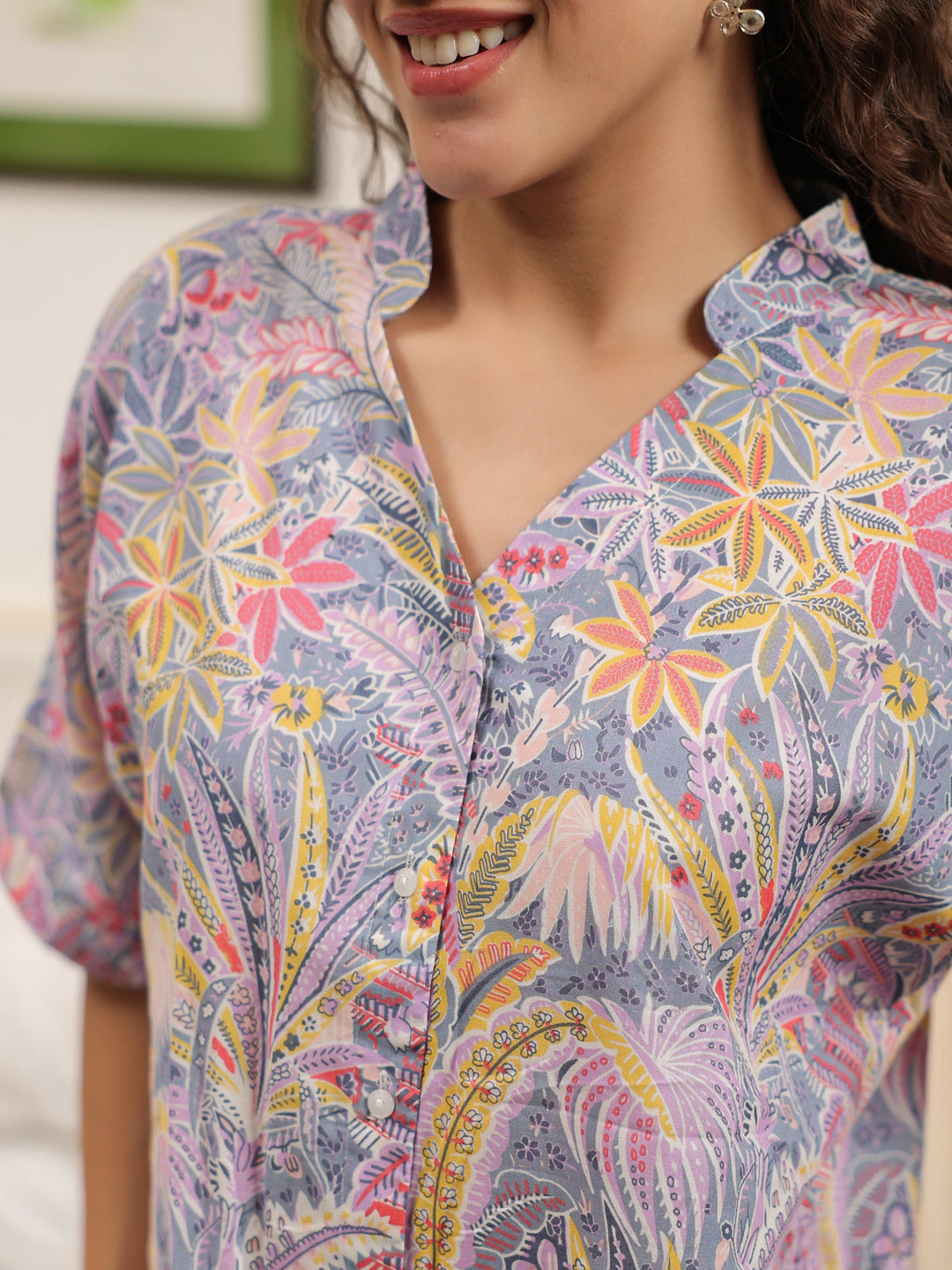 Cotton Printed V-Neck Night Suit with Shorts