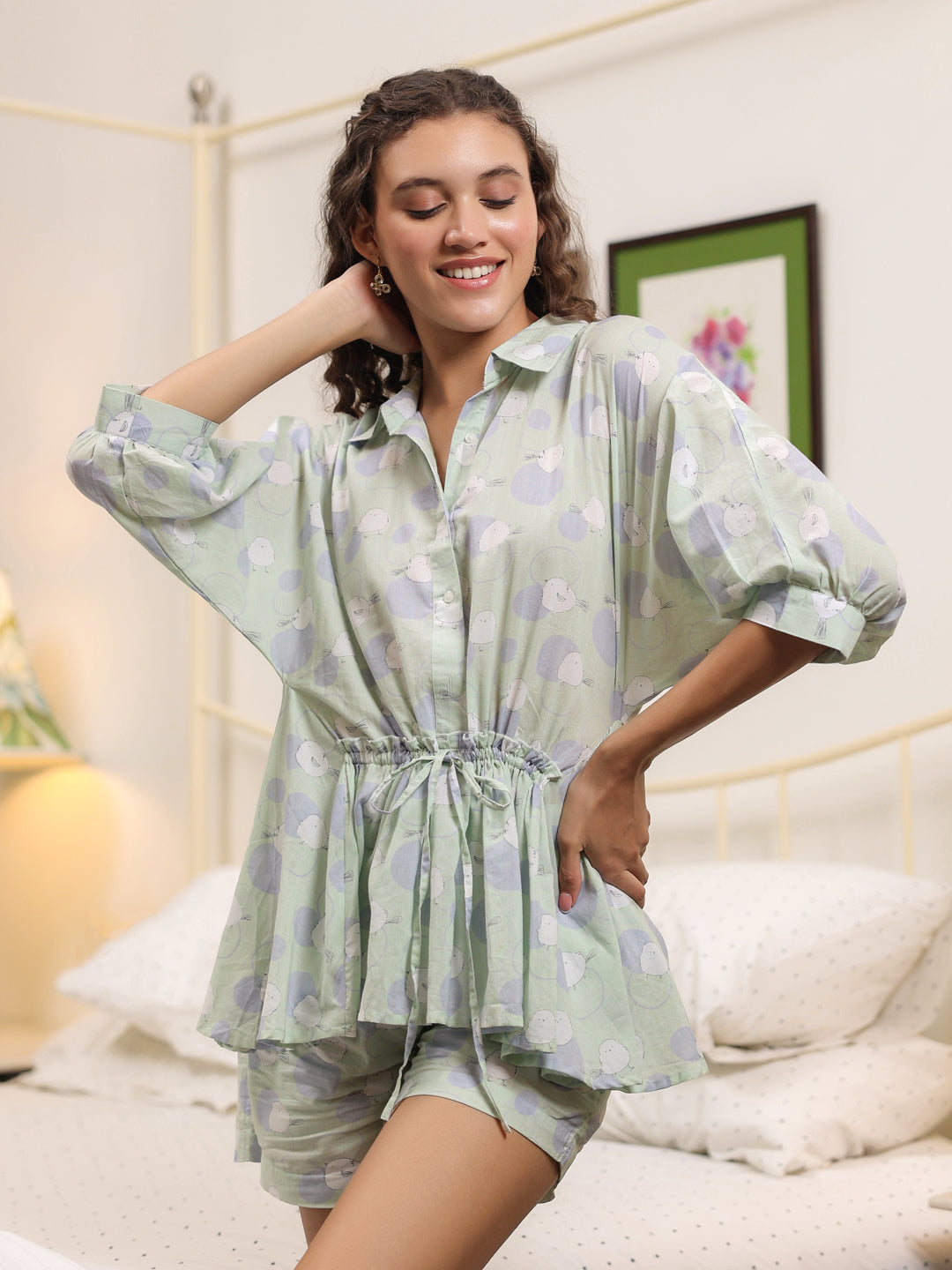 Cotton Printed Night Suit with Shorts - SanskrutiHomes 