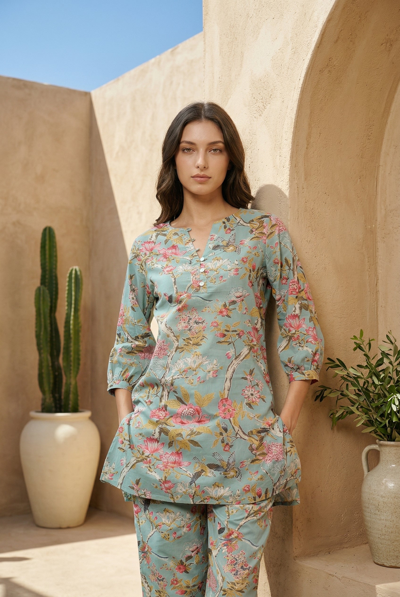 Green Floral Print Mandarin Neck Pure Cotton Night Suit For Women