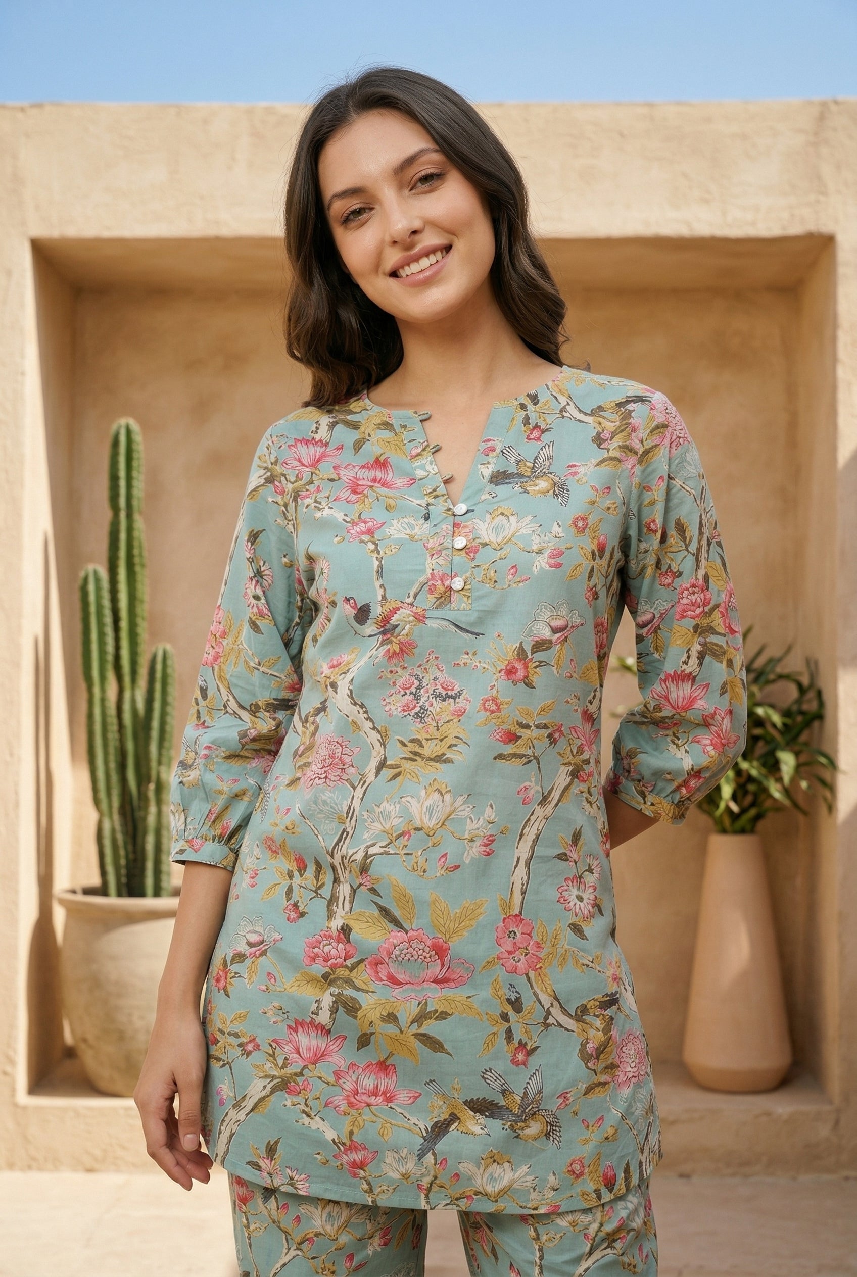 Green Floral Print Mandarin Neck Pure Cotton Night Suit For Women