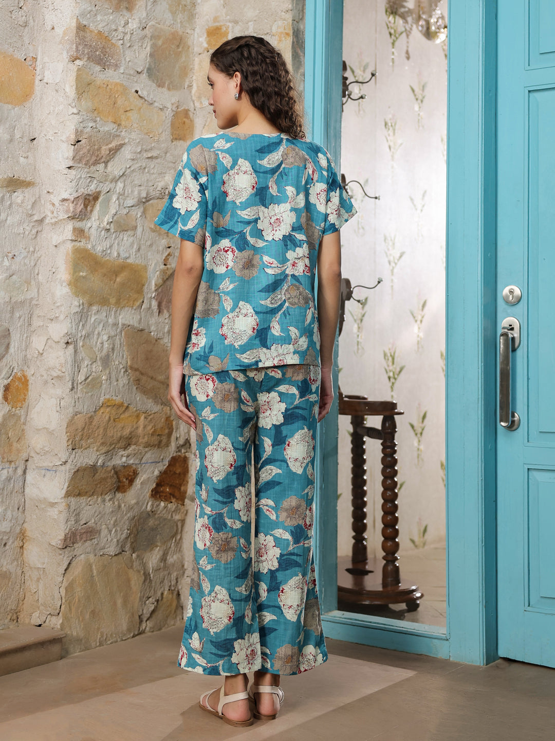 Blue Floral Printed Cotton Co-Ords Set