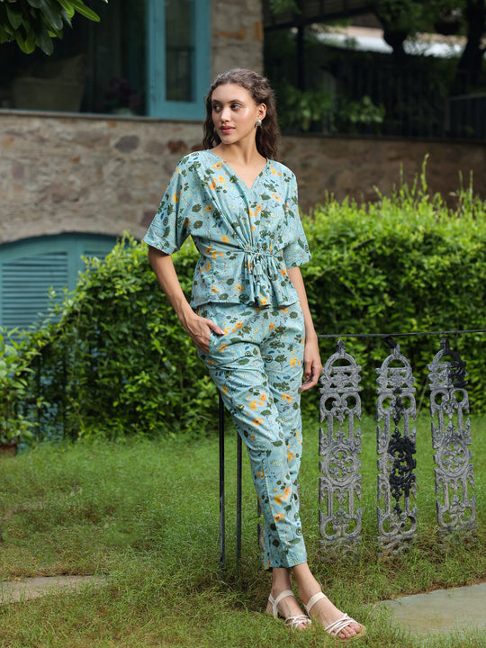 Green Floral Printed Cotton Night Suit Set