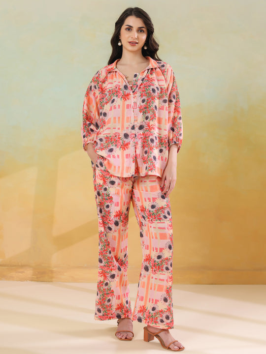 Red Linen Printed Shirt Collar Co-Ord Set for Women