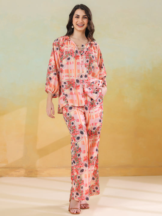 Red Linen Printed Shirt Collar Co-Ord Set for Women