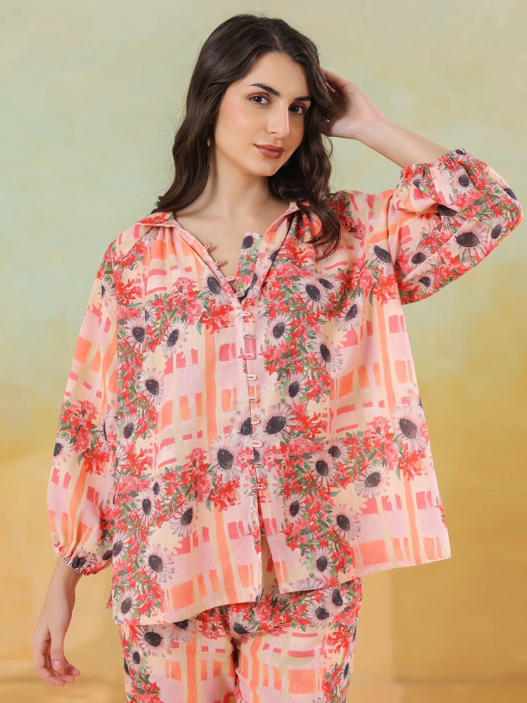 Red Linen Printed Shirt Collar Co-Ord Set for Women