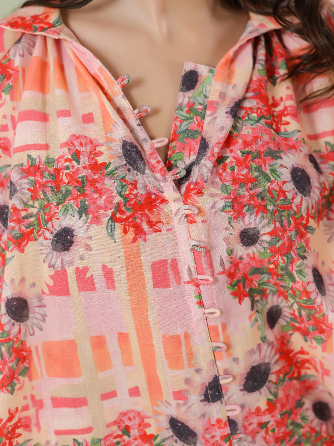 Red Linen Printed Shirt Collar Co-Ord Set for Women