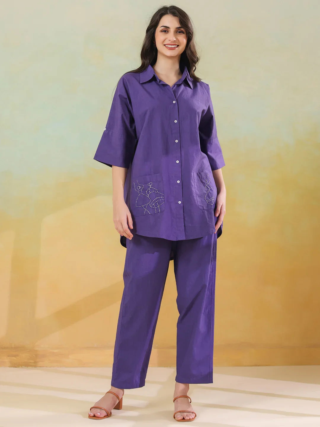 Purple Color Shirt Collar Pure Cotton Co-Ords Set For Women