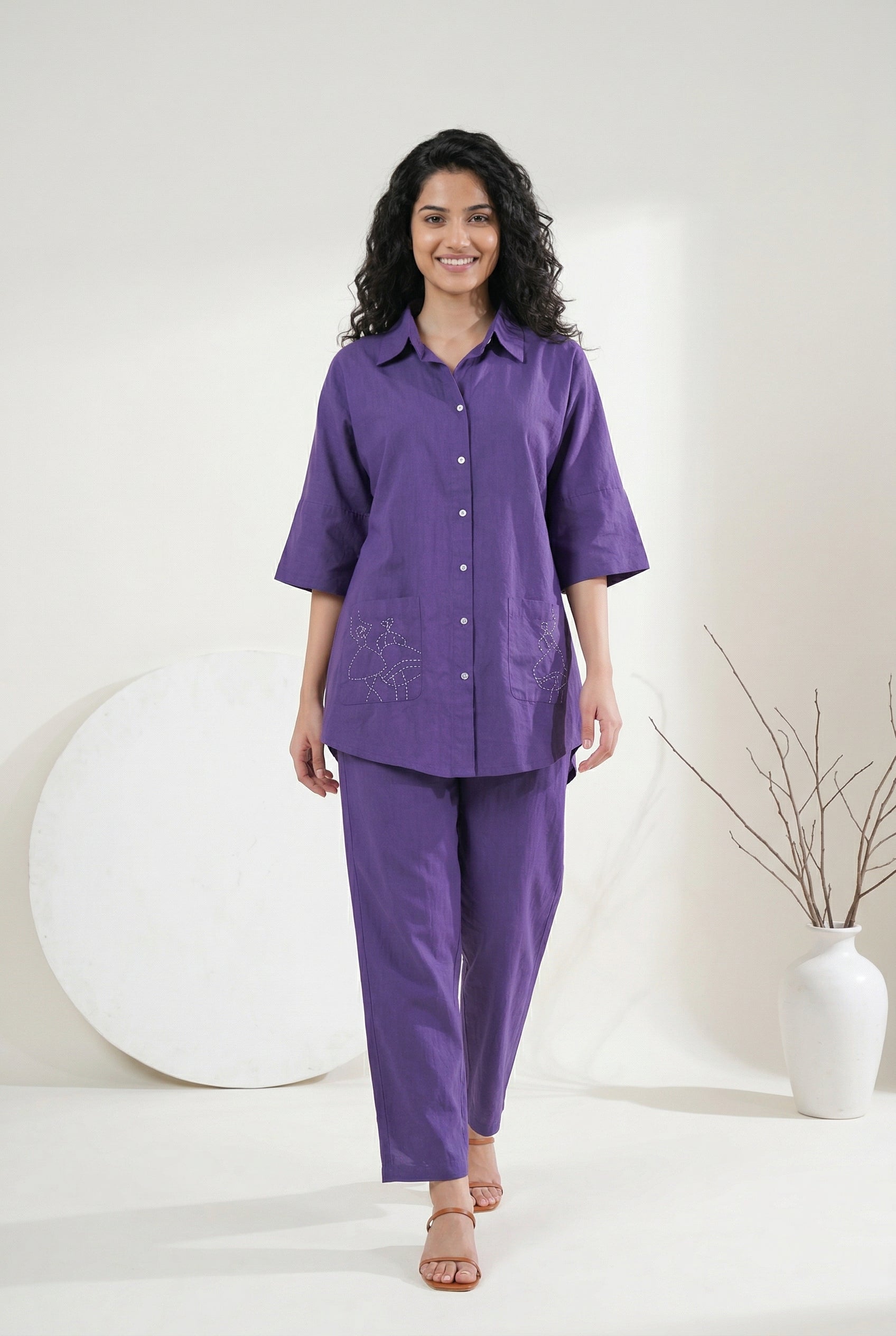 Purple Color Shirt Collar Solid Pure Cotton Co-Ord Set For Women