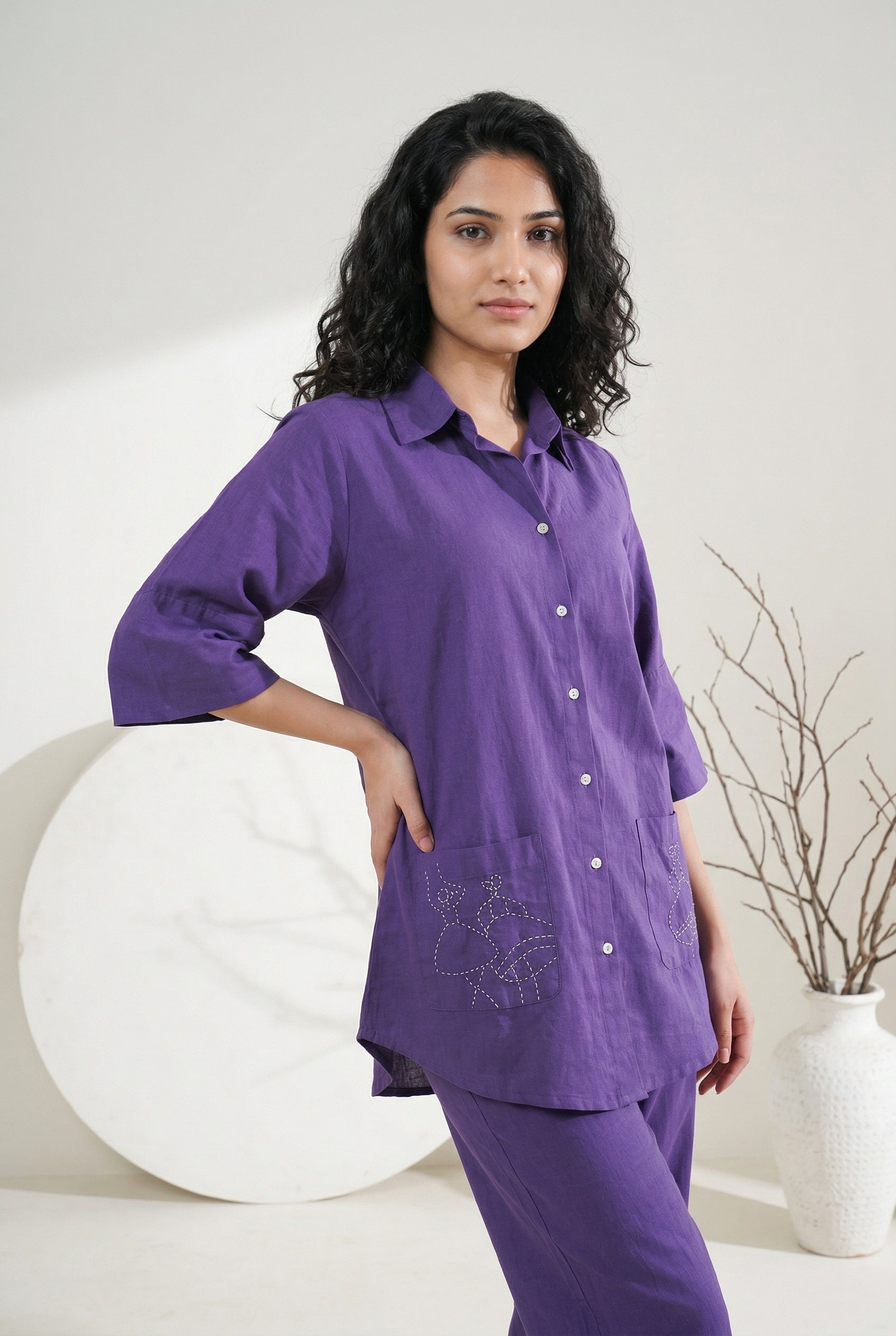 Purple Color Shirt Collar Solid Pure Cotton Co-Ord Set For Women