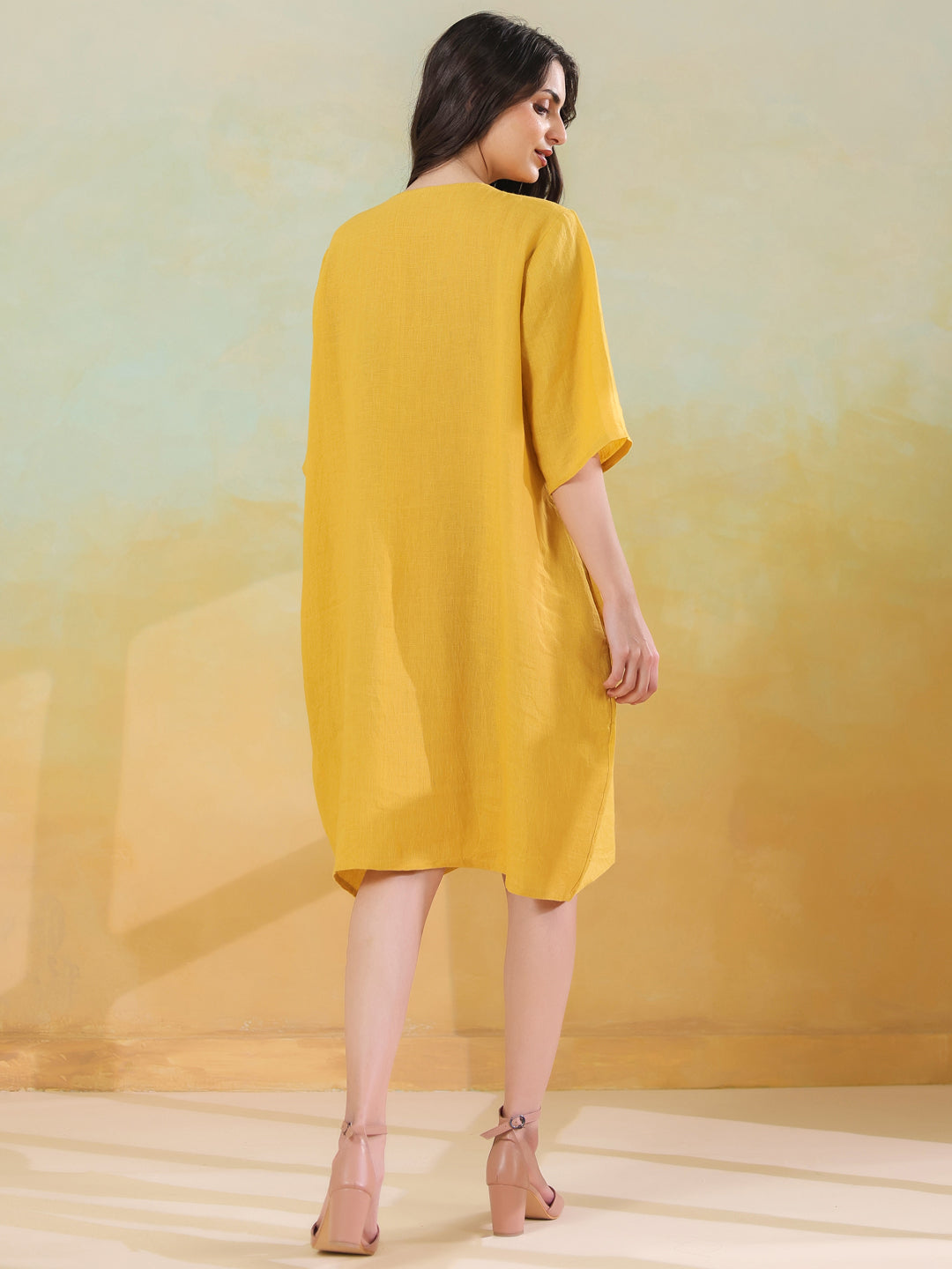 Yellow Pure Linen Kaftan Dress for Women