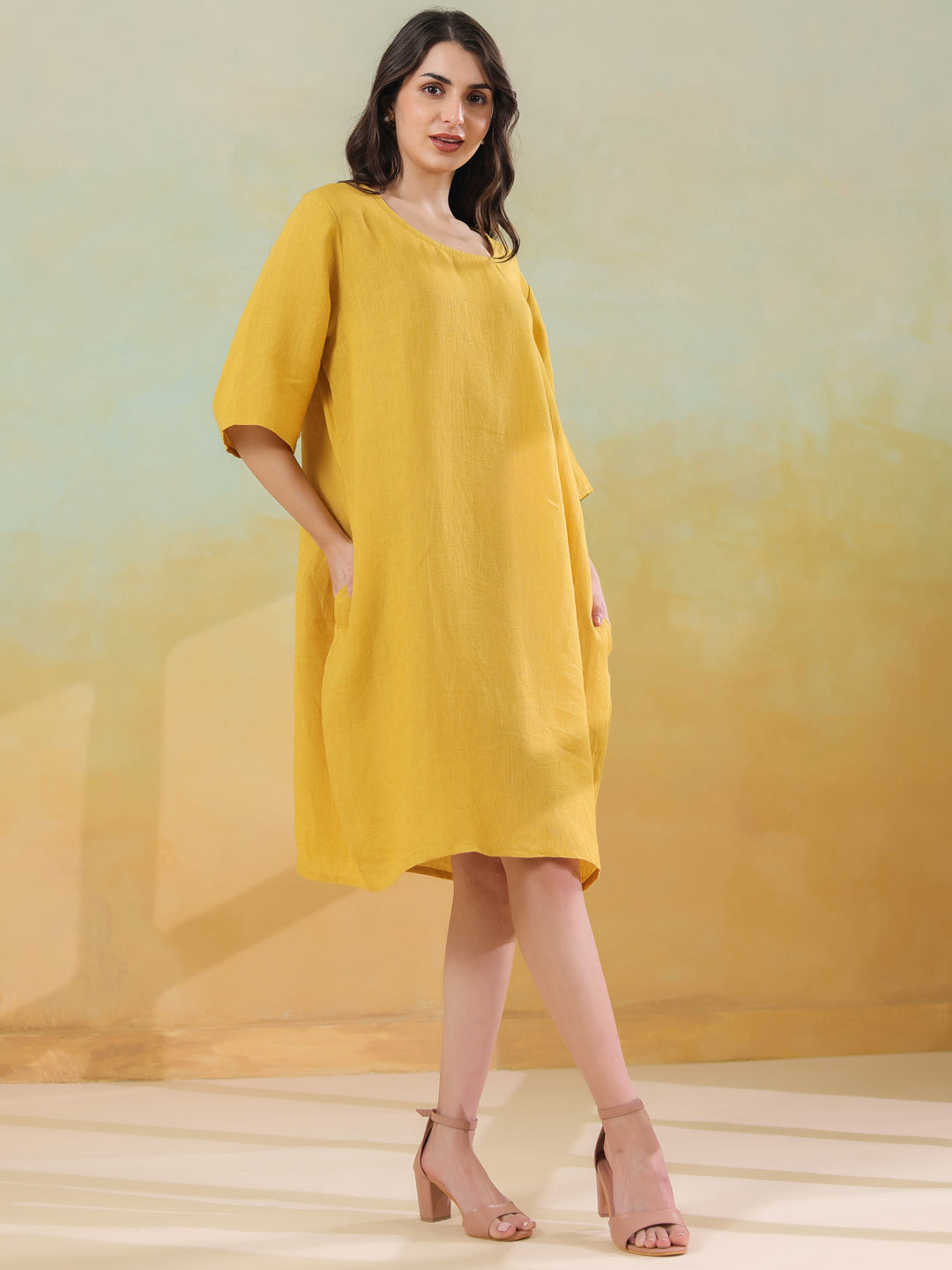 Yellow Pure Linen Kaftan Dress for Women