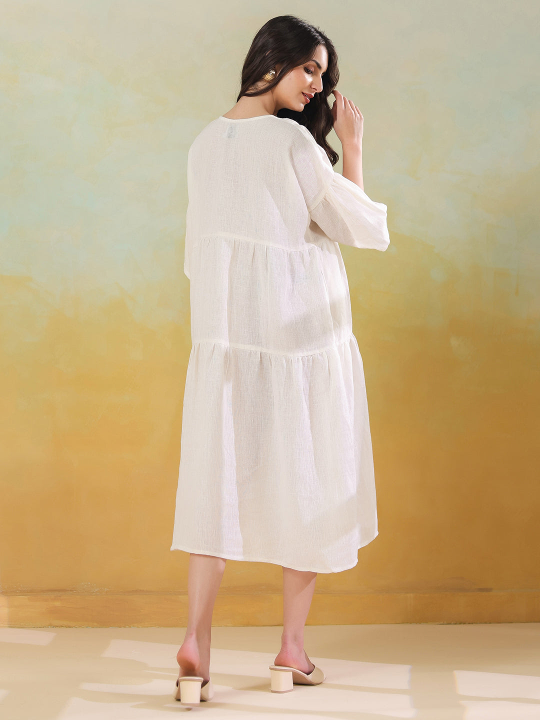 White Solid Cotton Linen Blend Dress for Women