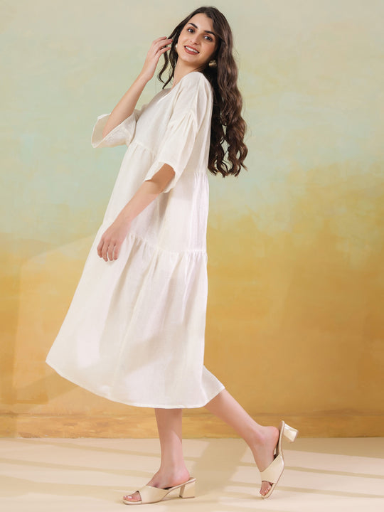 White Solid Cotton Linen Blend Dress for Women