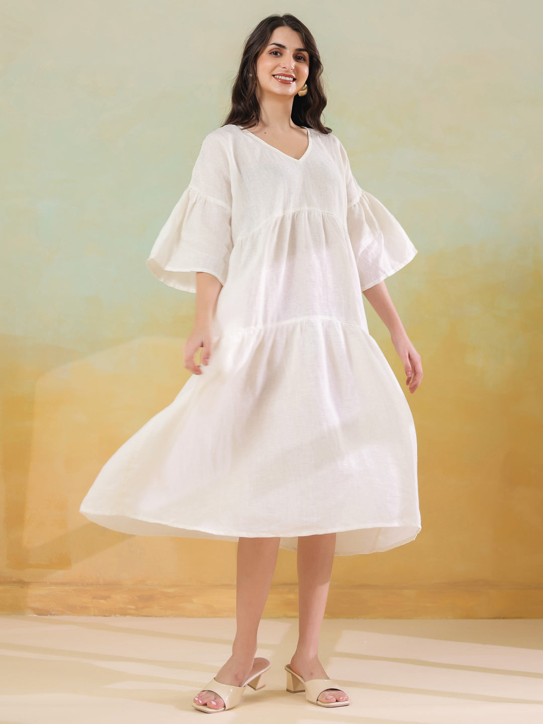 White Solid Cotton Linen Blend Dress for Women