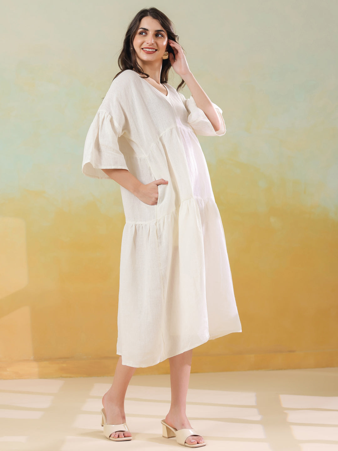 White Solid Cotton Linen Blend Dress for Women