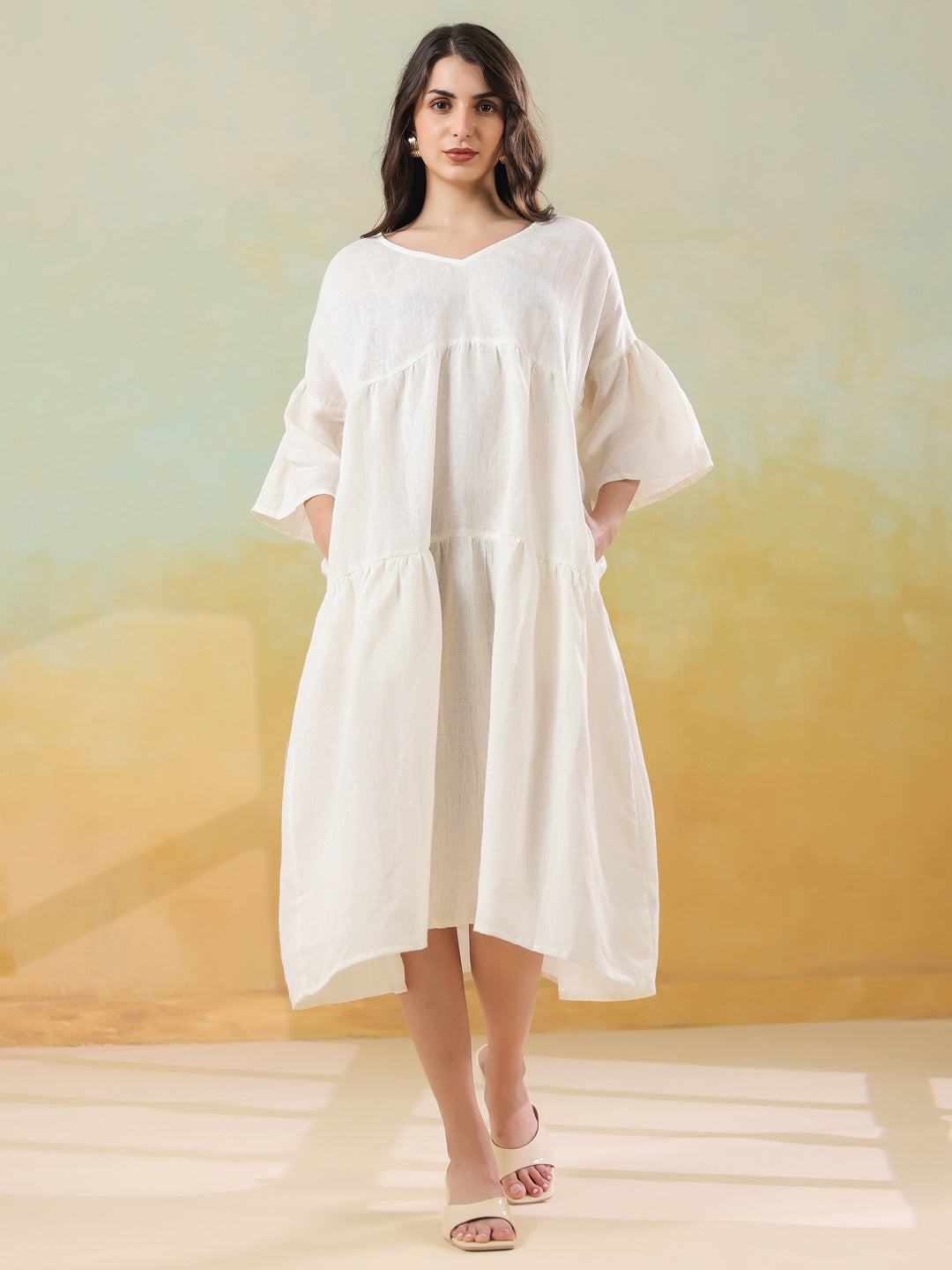 White Solid Cotton Linen Blend Dress for Women