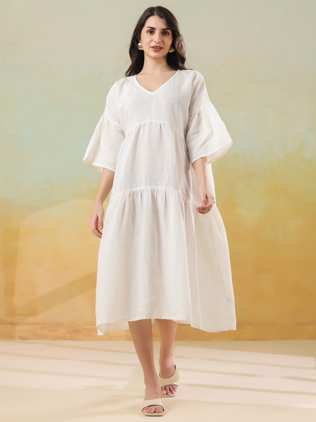 White Solid Cotton Linen Blend Dress for Women
