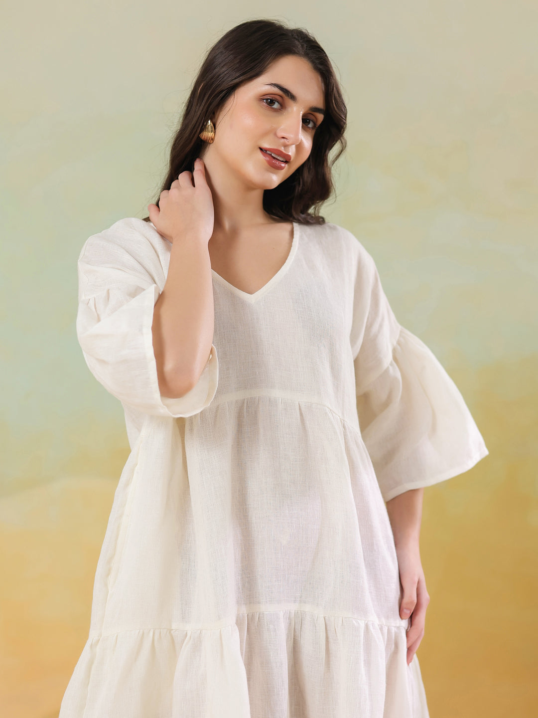 White Solid Cotton Linen Blend Dress for Women