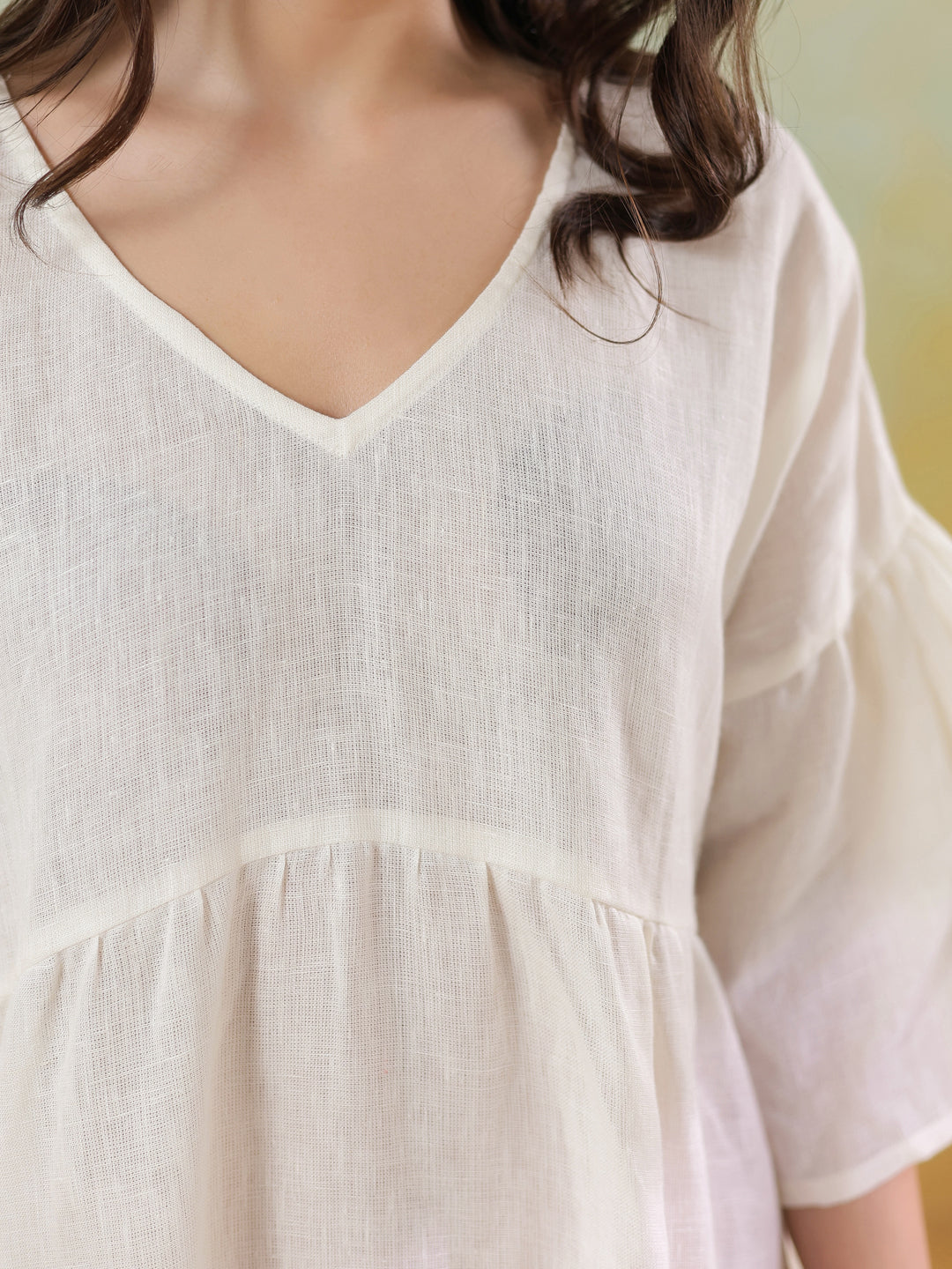 White Solid Cotton Linen Blend Dress for Women