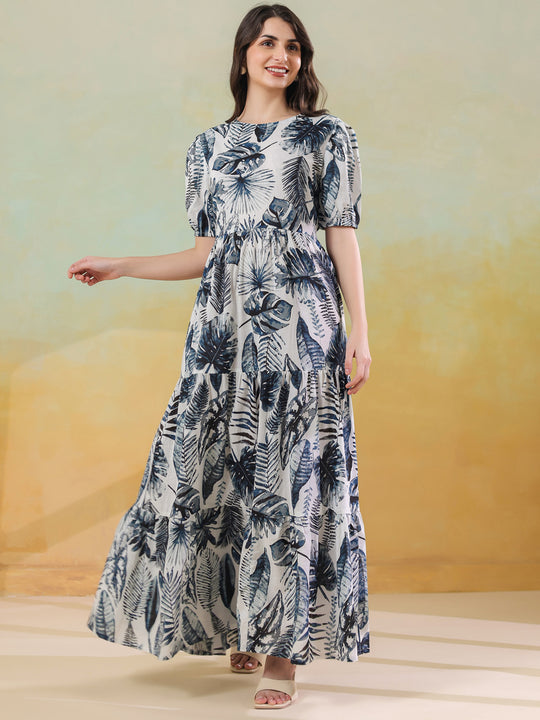 Grey Floral Printed Round Neck Dress for Women