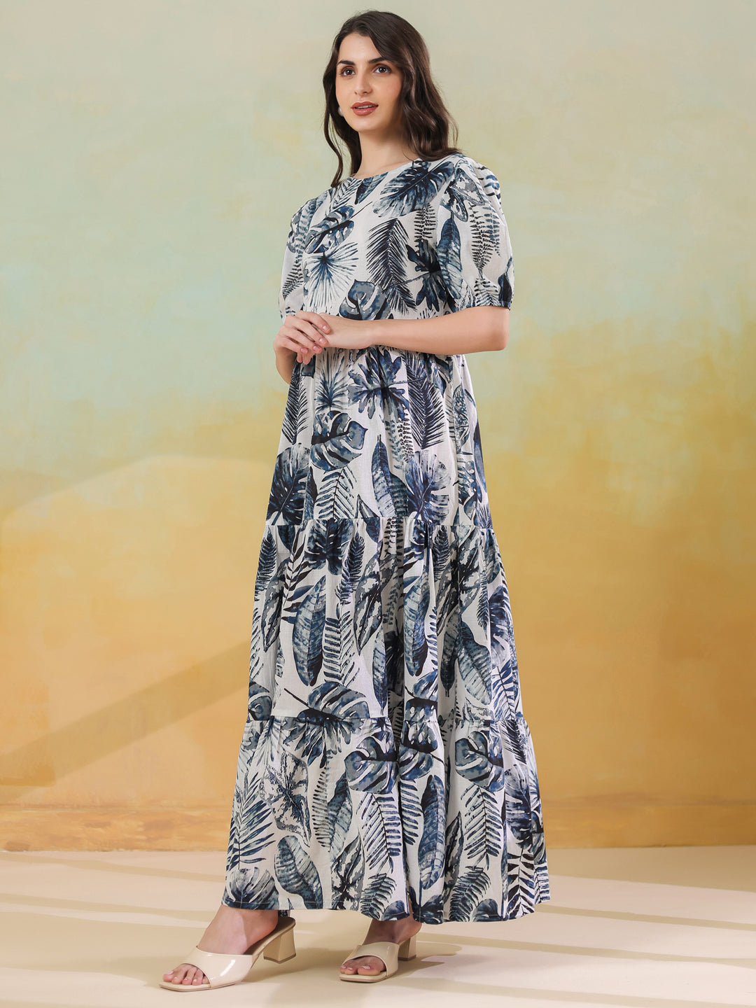 Grey Floral Printed Round Neck Dress for Women