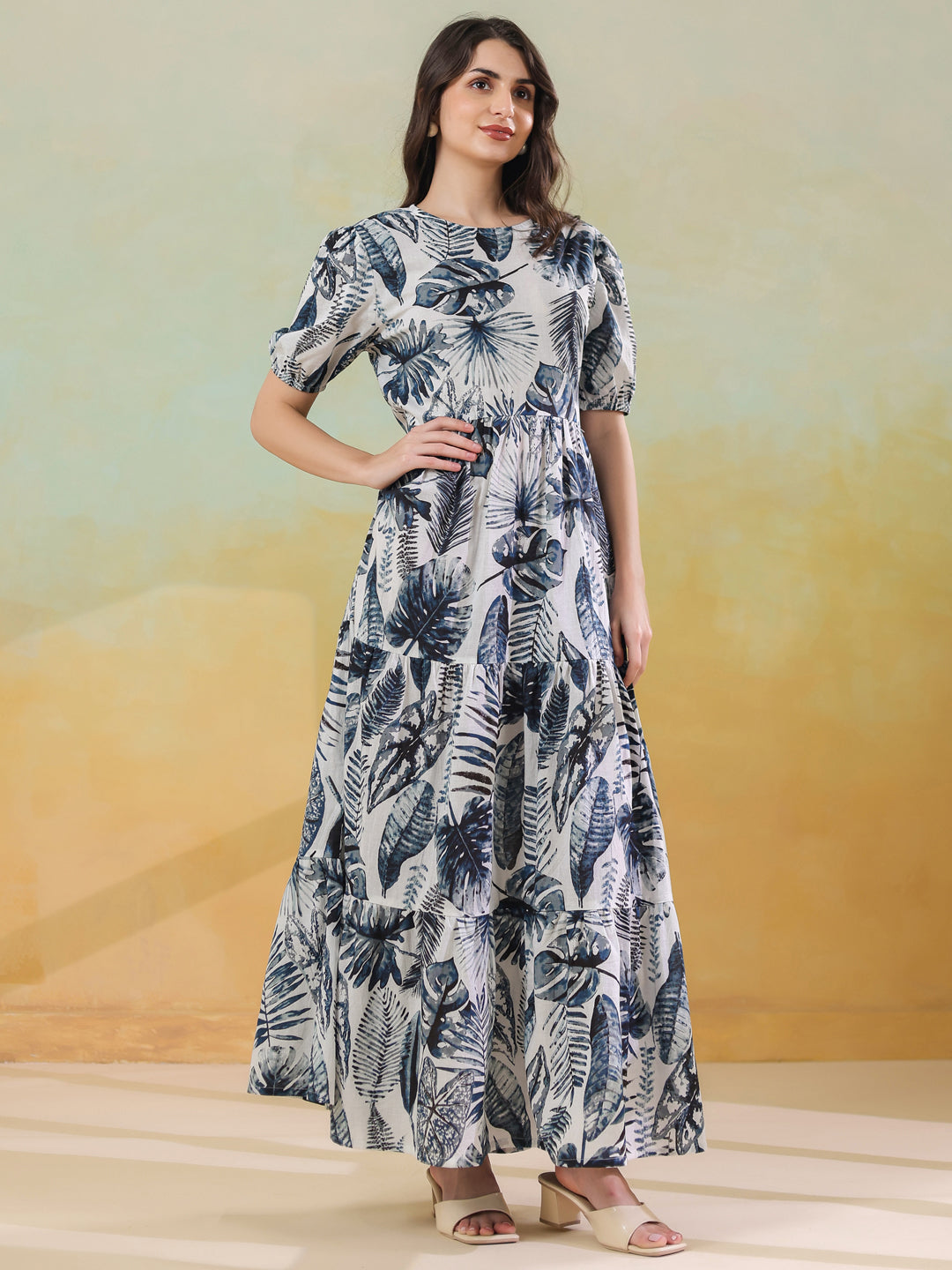 Grey Floral Printed Round Neck Dress for Women