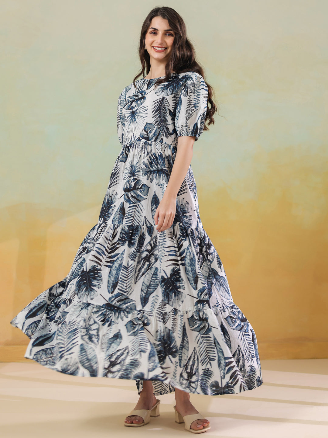 Grey Floral Printed Round Neck Dress for Women