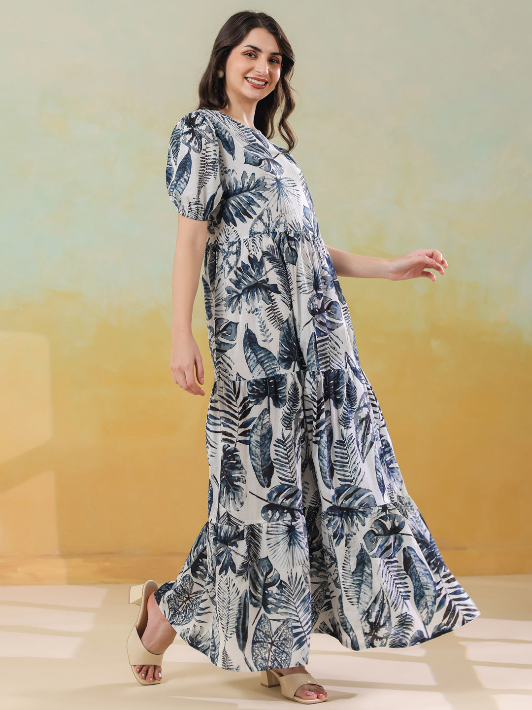 Grey Floral Printed Round Neck Dress for Women