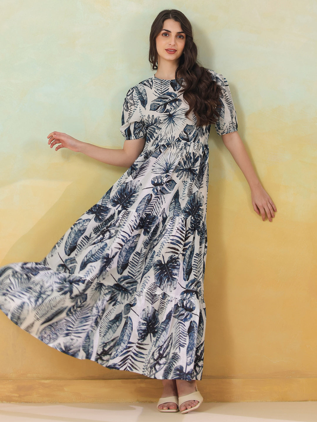 Grey Floral Printed Round Neck Dress for Women