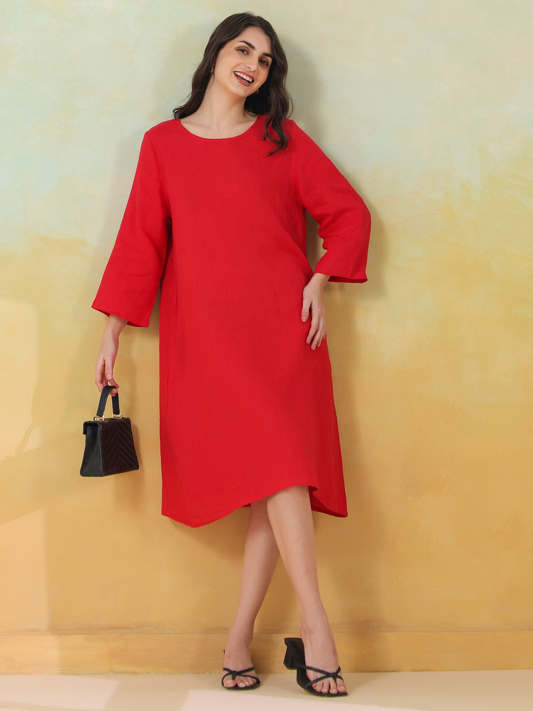 Red Linen Blend Round Neck Dress for Women