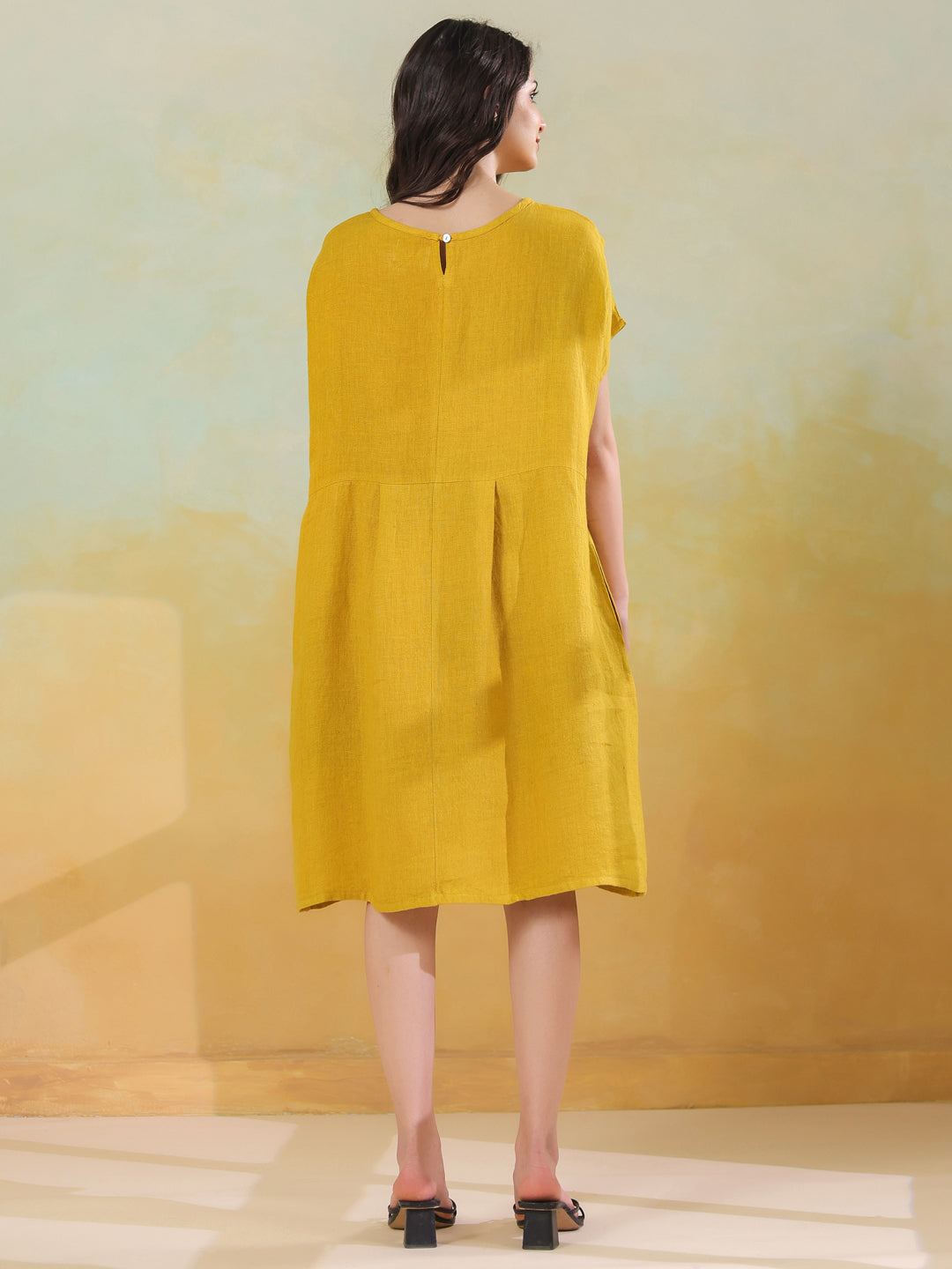 Yellow Solid Linen Blend Dress for Women