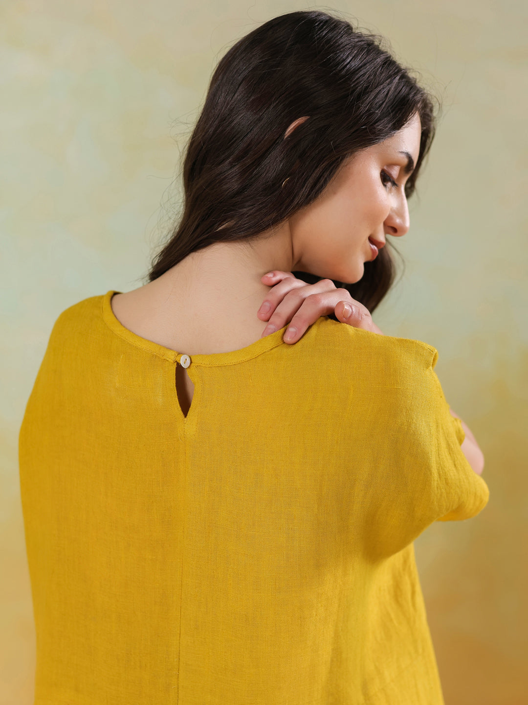 Yellow Solid Linen Blend Dress for Women