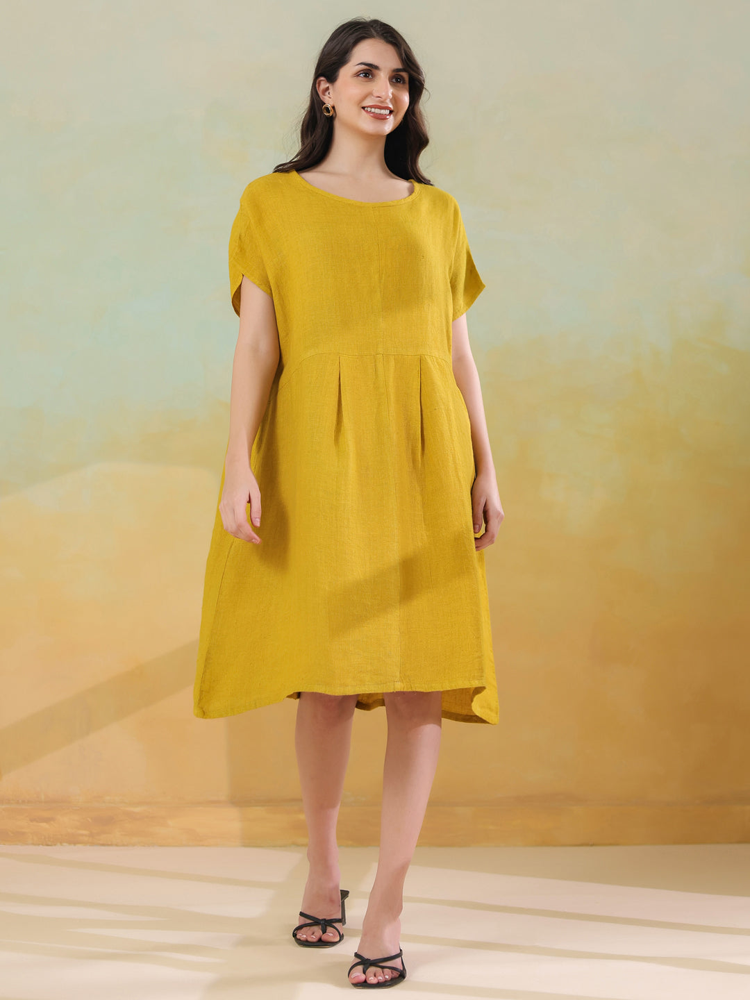 Yellow Solid Linen Blend Dress for Women