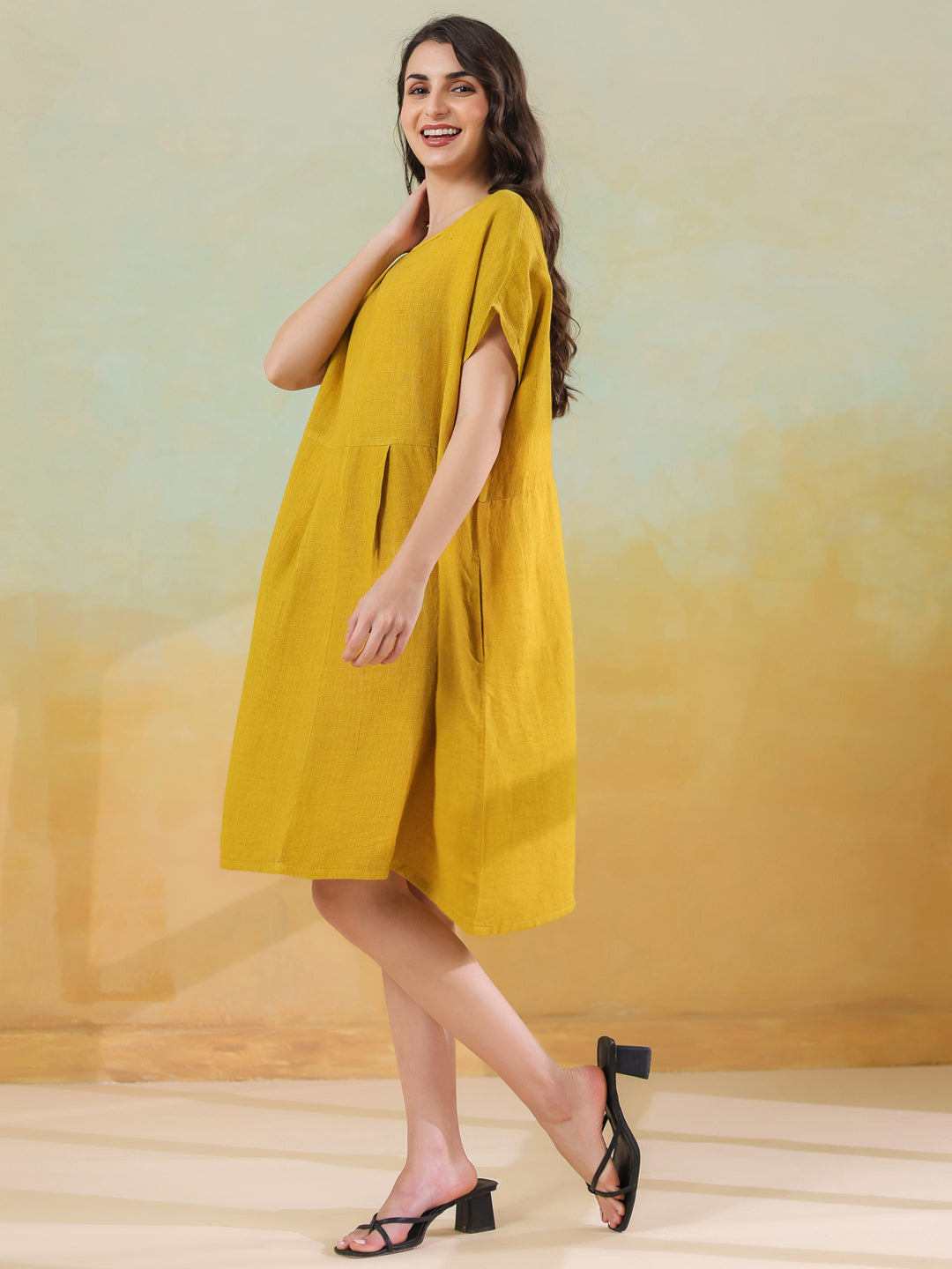 Yellow Solid Linen Blend Dress for Women