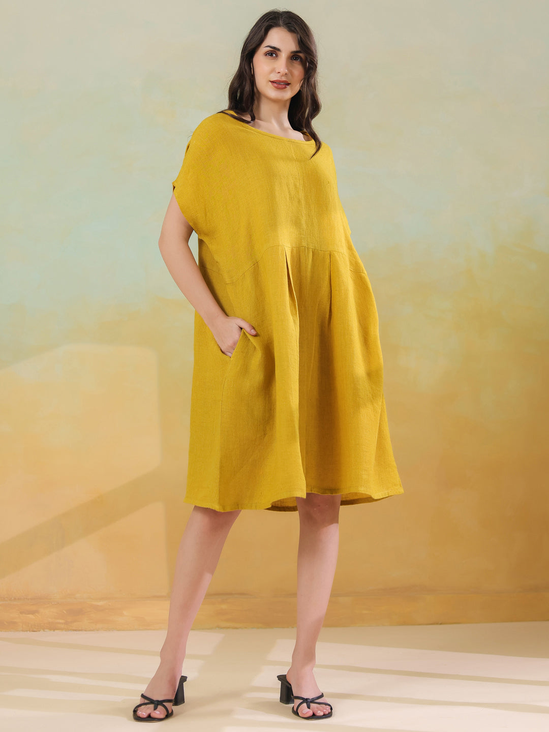 Yellow Solid Linen Blend Dress for Women