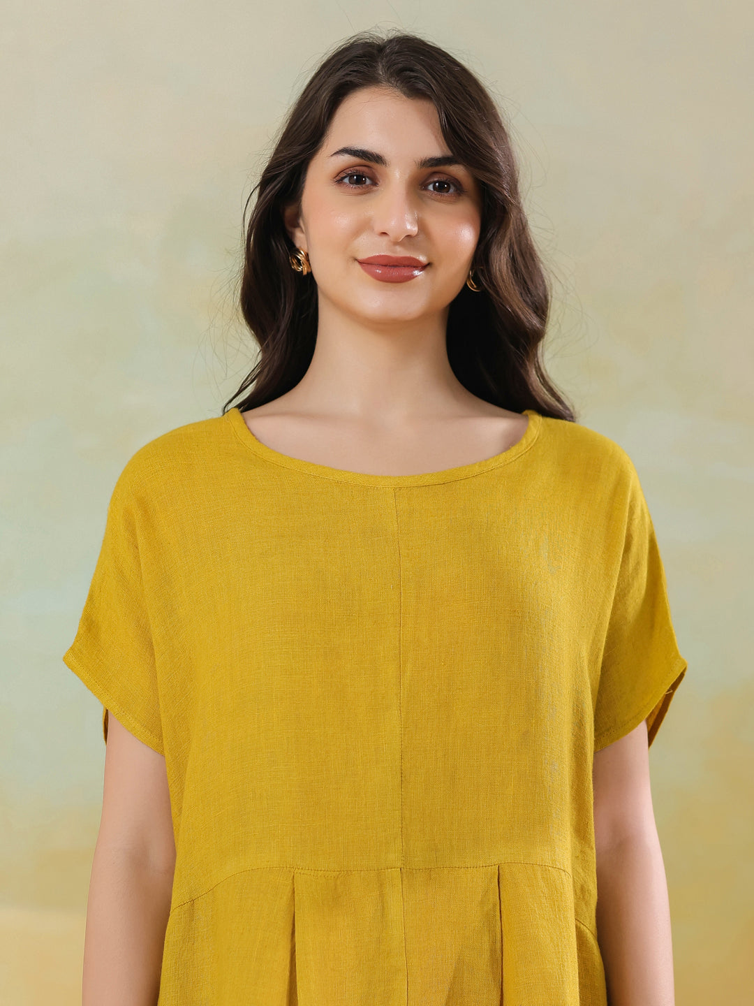 Yellow Solid Linen Blend Dress for Women