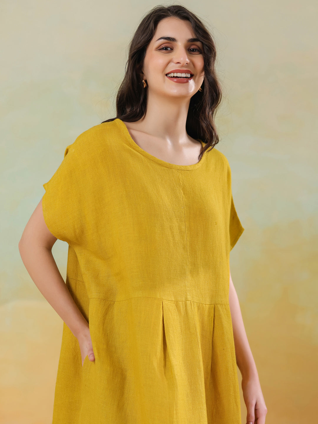 Yellow Solid Linen Blend Dress for Women