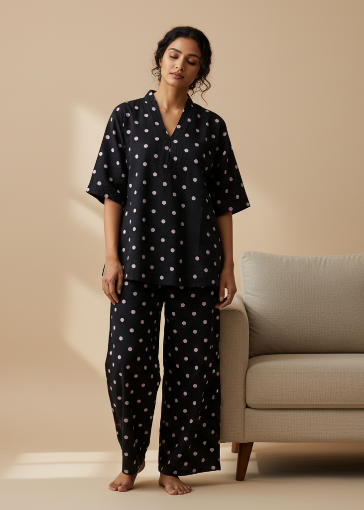 Black polka dot V-Neck Cotton Night Suit Set For Women