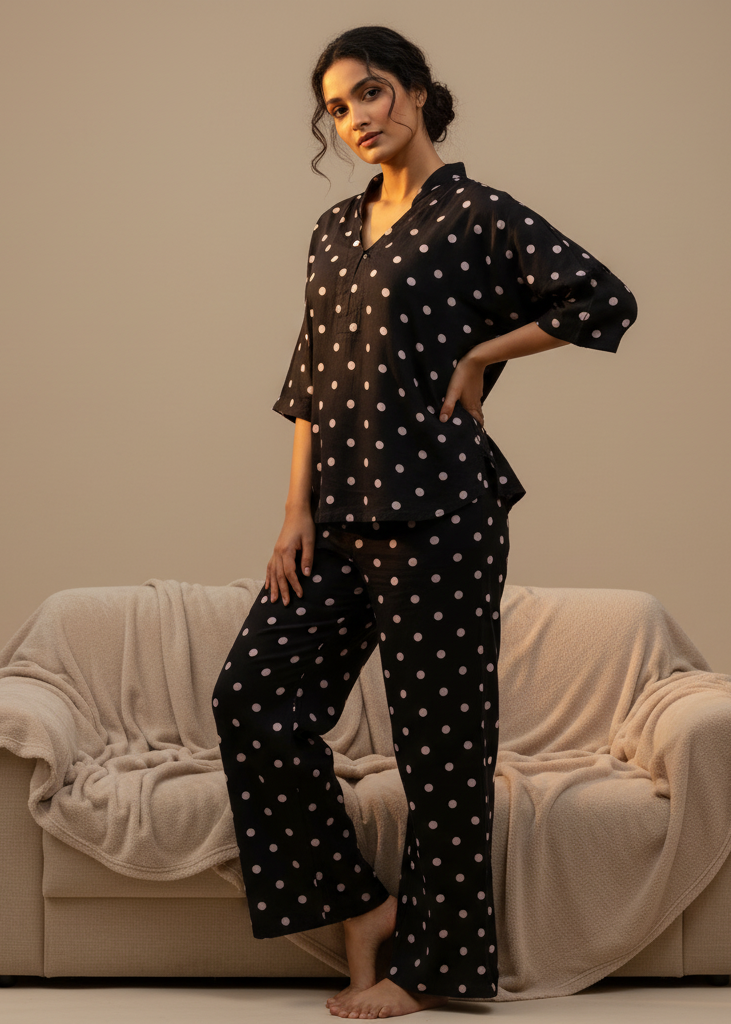 Black polka dot V-Neck Cotton Night Suit Set For Women
