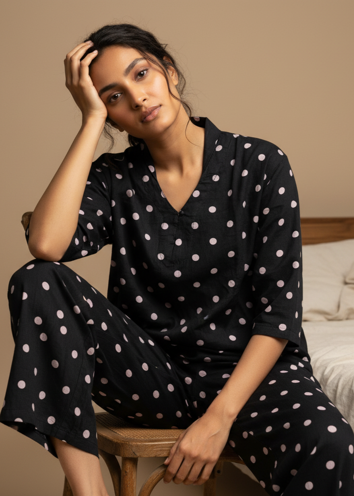 Black polka dot V-Neck Cotton Night Suit Set For Women