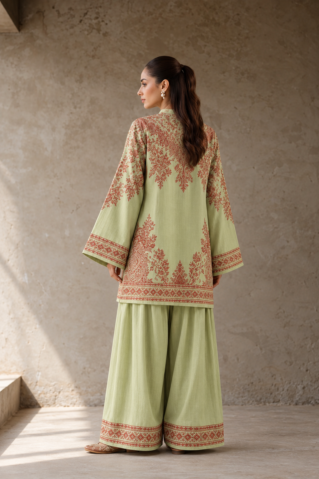 Sage Green Paisley Print Tunic & Farshi Salwar Co-Ord Set For Women