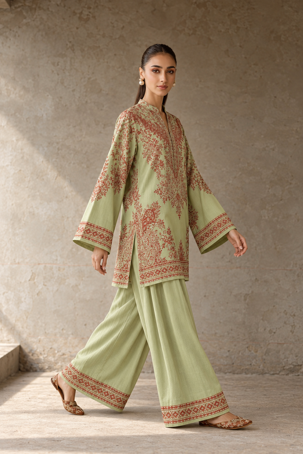 Sage Green Paisley Print Tunic & Farshi Salwar Co-Ord Set For Women