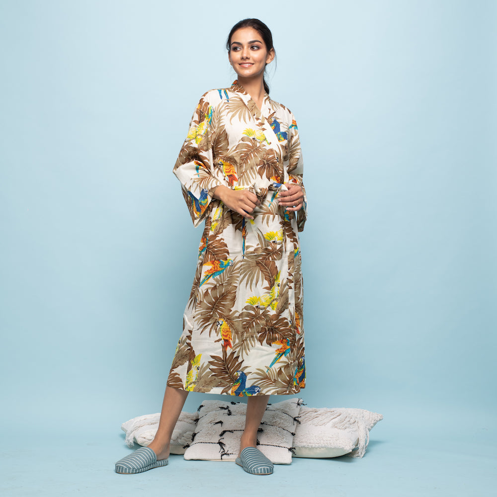 Multicolor Mustard Cotton Hand Printed Kimono Robe