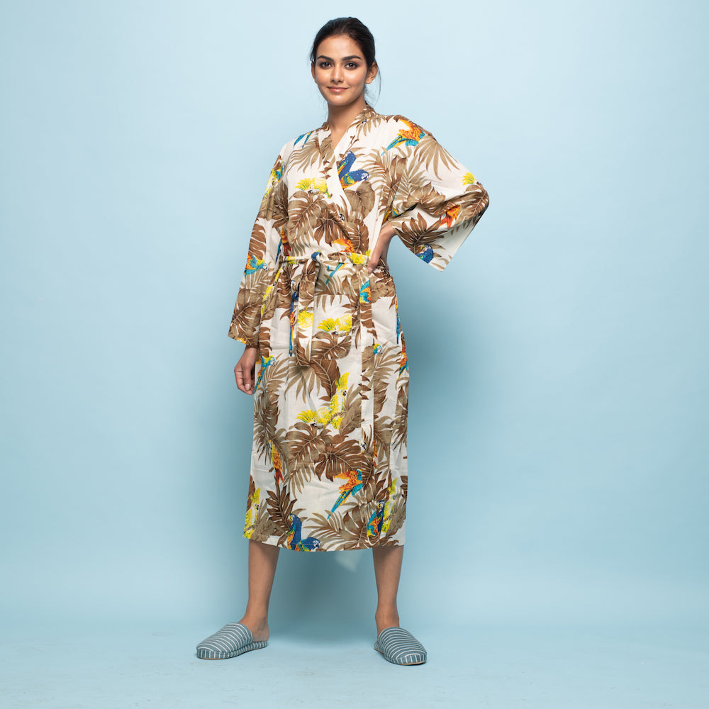 Multicolor Mustard Cotton Hand Printed Kimono Robe