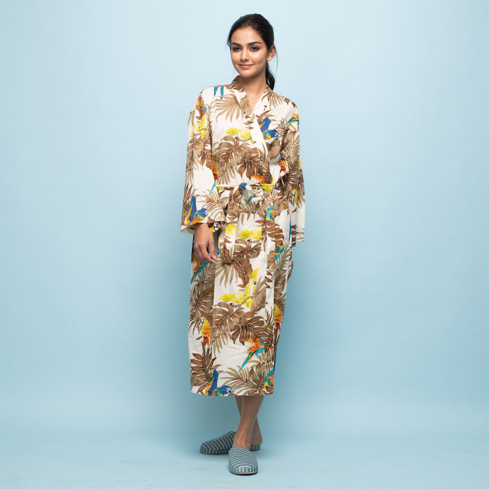 Multicolor Mustard Cotton Hand Printed Kimono Robe