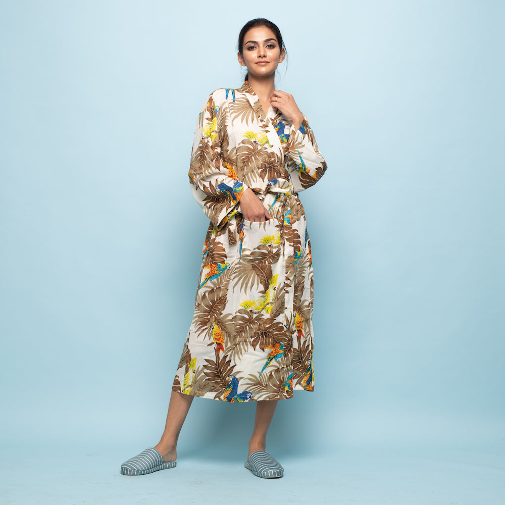 Multicolor Mustard Cotton Hand Printed Kimono Robe