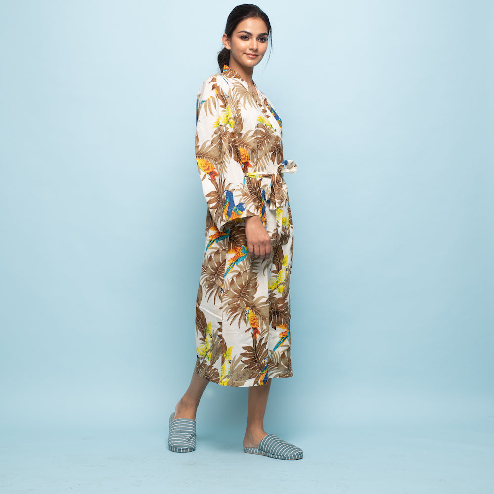 Multicolor Mustard Cotton Hand Printed Kimono Robe