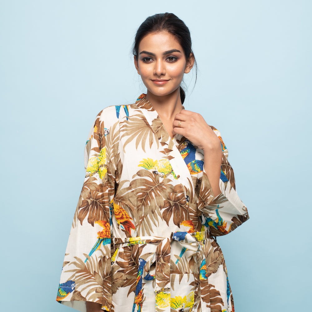 Multicolor Mustard Cotton Hand Printed Kimono Robe